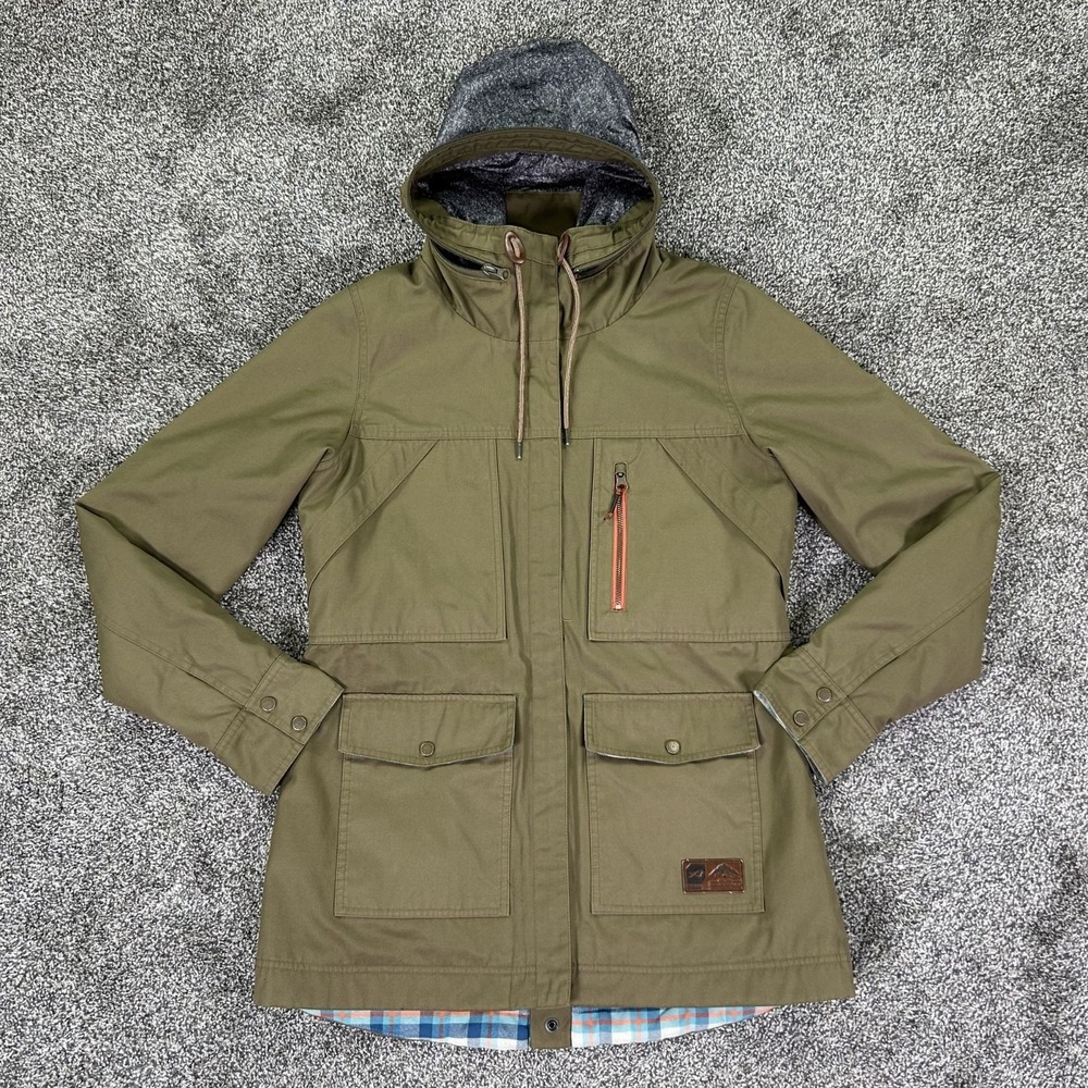 Orage Olive Green Hide a Hood Jacket‎ Womens Small Sherpa Lining Plaid Accents